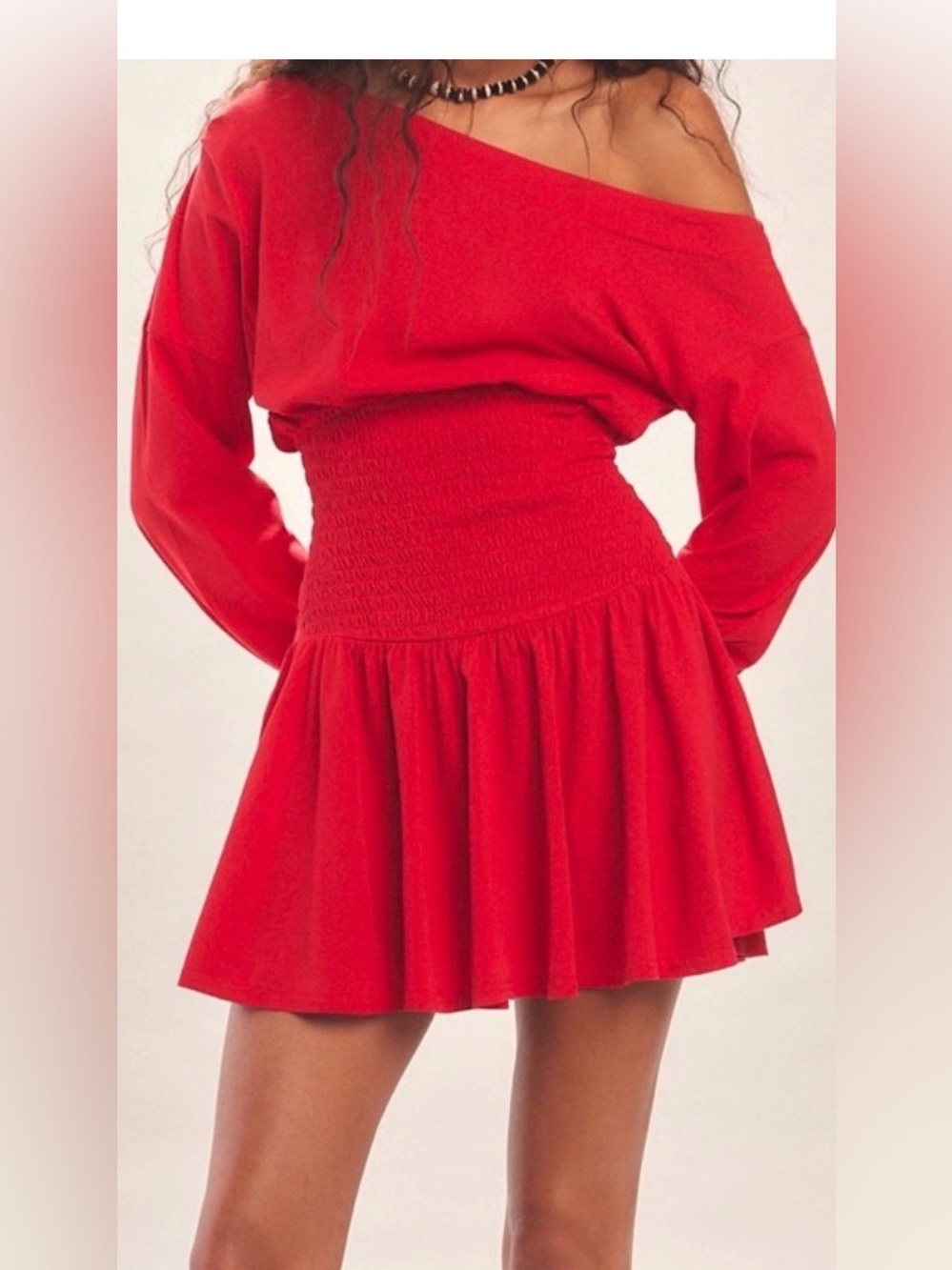 Free People scortching hot Red Off-Shoulder Smocked Waist Mini Dress